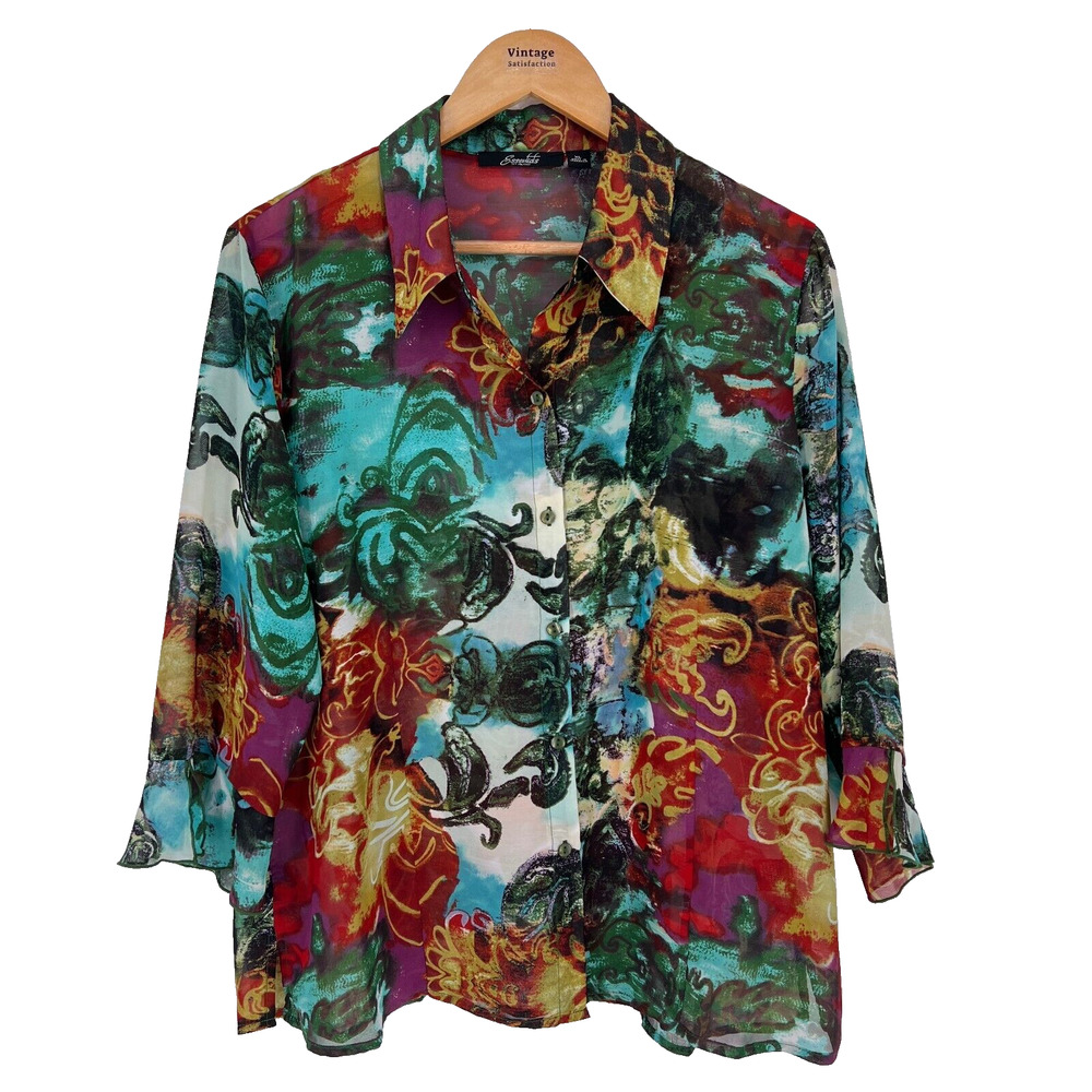 Maximalist Sheer Blouse XL Multicolor Abstract Floral Artsy Art to Wear Indie